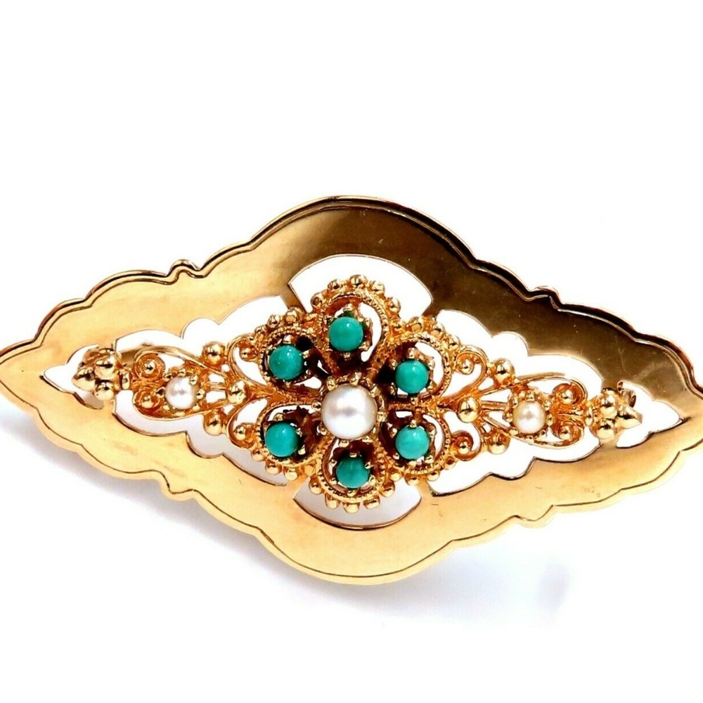 Natural Turquoise & Seed Pearl Open Gilt Etching